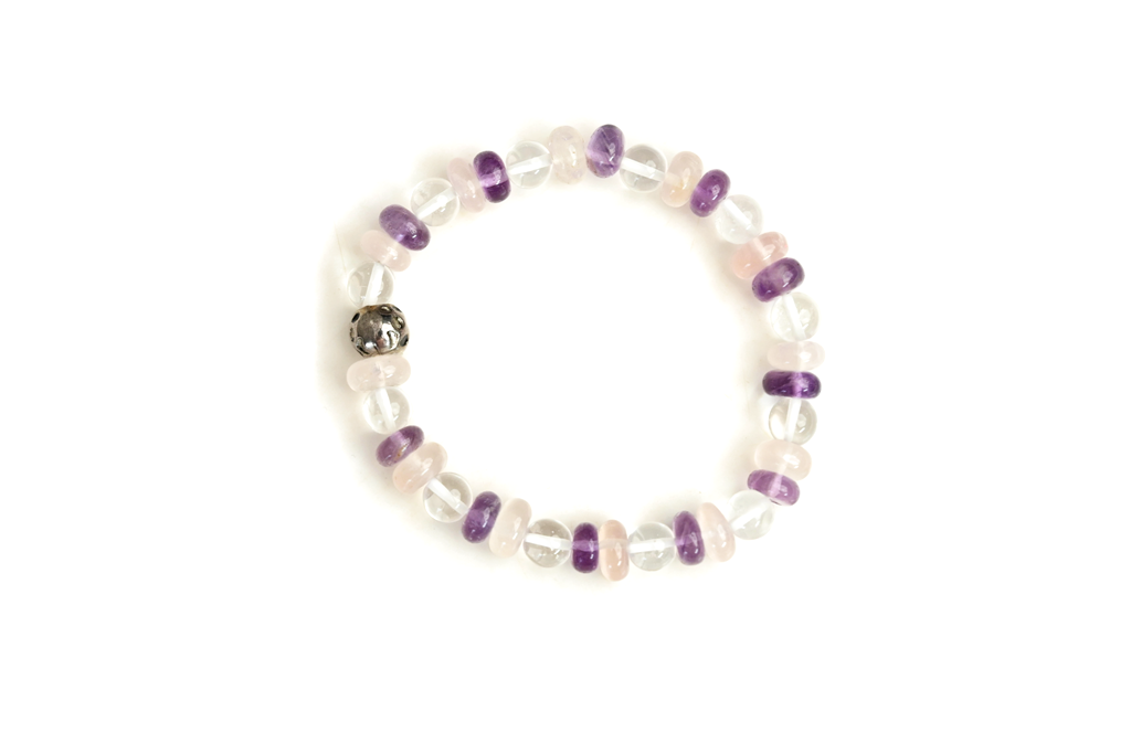 Bamboology Trends Amethyst, rose quartz and clear quartz bracelet for strength, love and fulfilling relationship