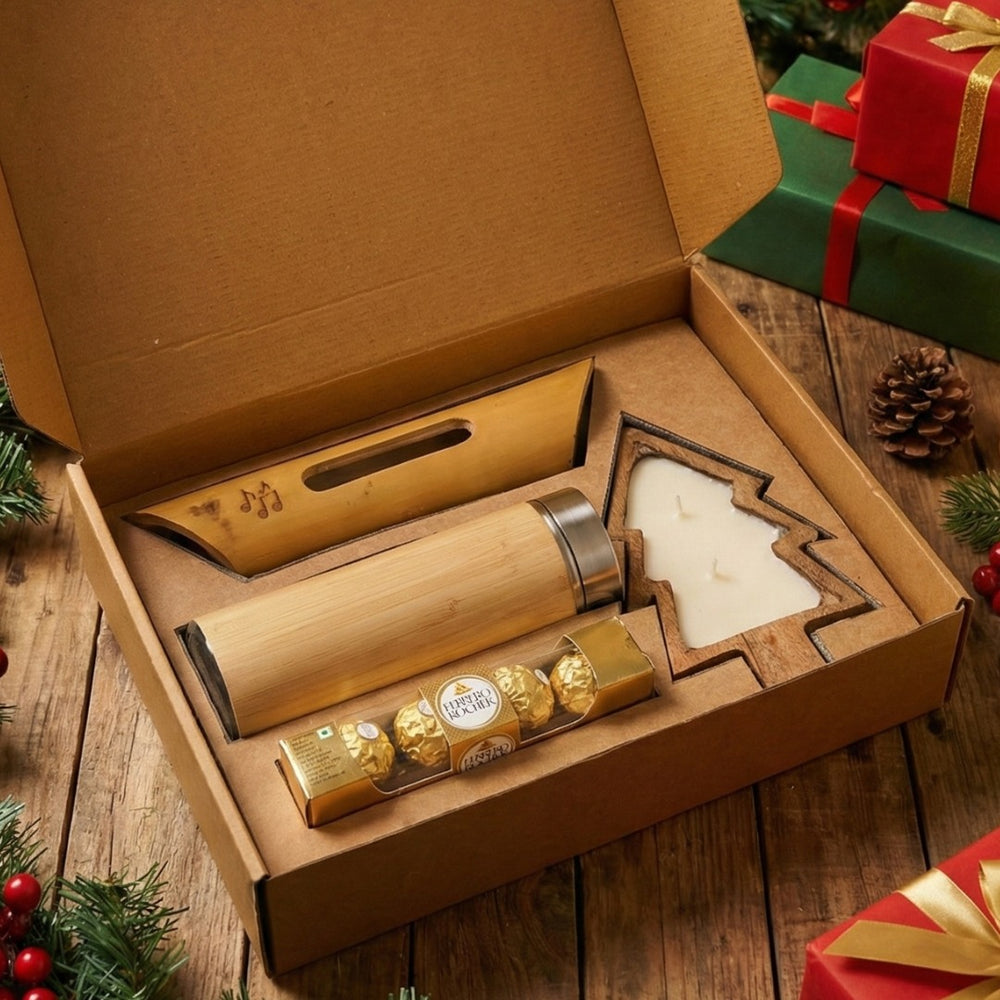 Sustainable Gifting Hamper with Bamboo Tumbler, Tree Candle, and Speaker Stand