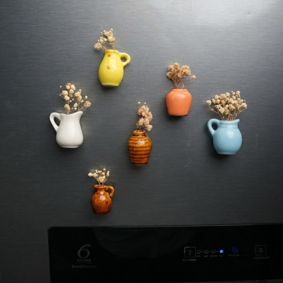 Garden Whispers Fridge Magnet Set of 6 | Mini Ceramic Flower Vase Magnets