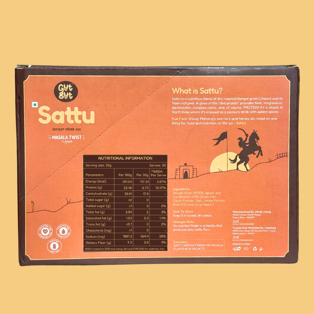 GutGut Sattu Masala Twist - Instant Drink Mix - Box of 30 Sachets - 30 x 30 Grams = 900 gm