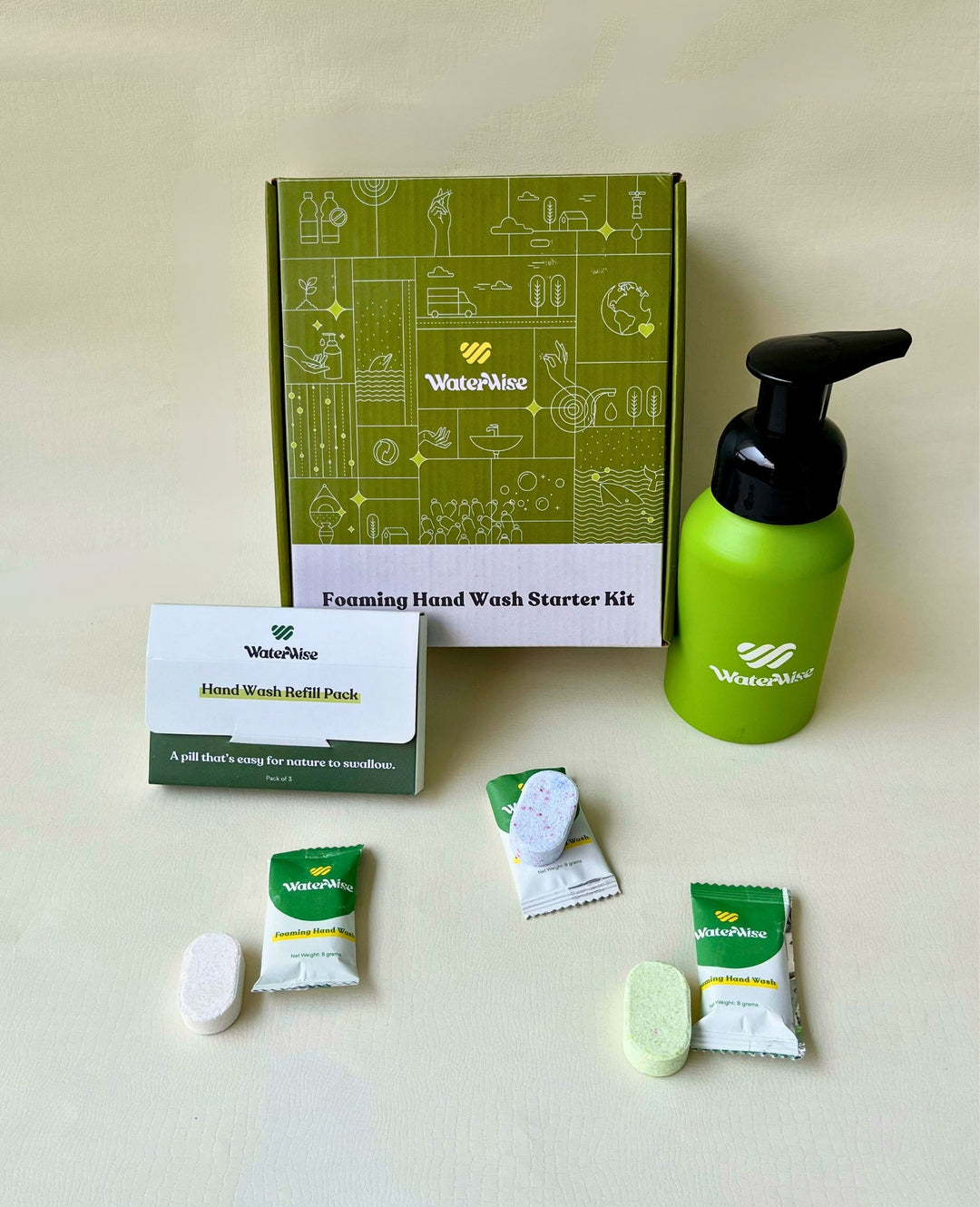 WaterWise Foaming Hand Wash Starter Kit (Single) - 1 x Aluminium Foam Dispenser, 3 x Hand Wash Tablets | 1 Tablet = 250 ml Foaming Hand Wash | Plastic-Free |