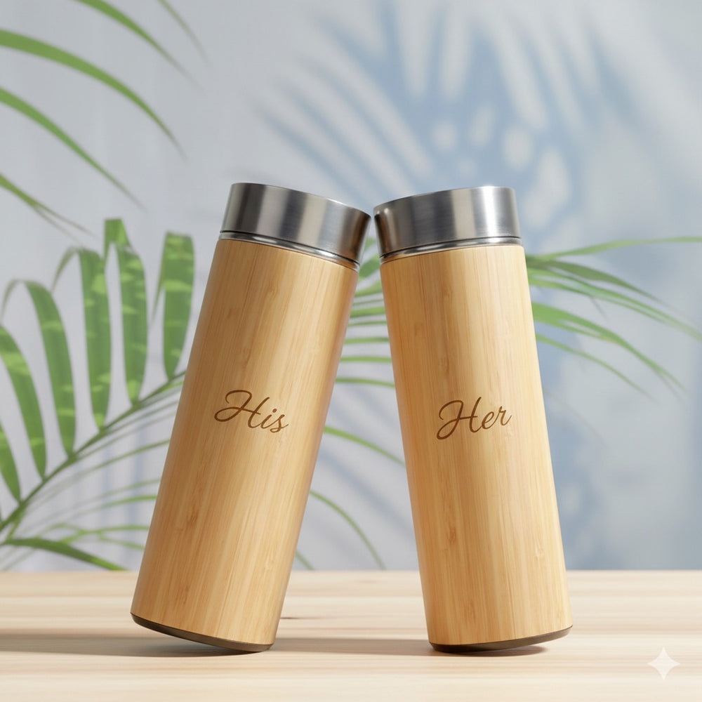 Valentine Couple Bamboo Bottle Set – Personalised His & Her Gift