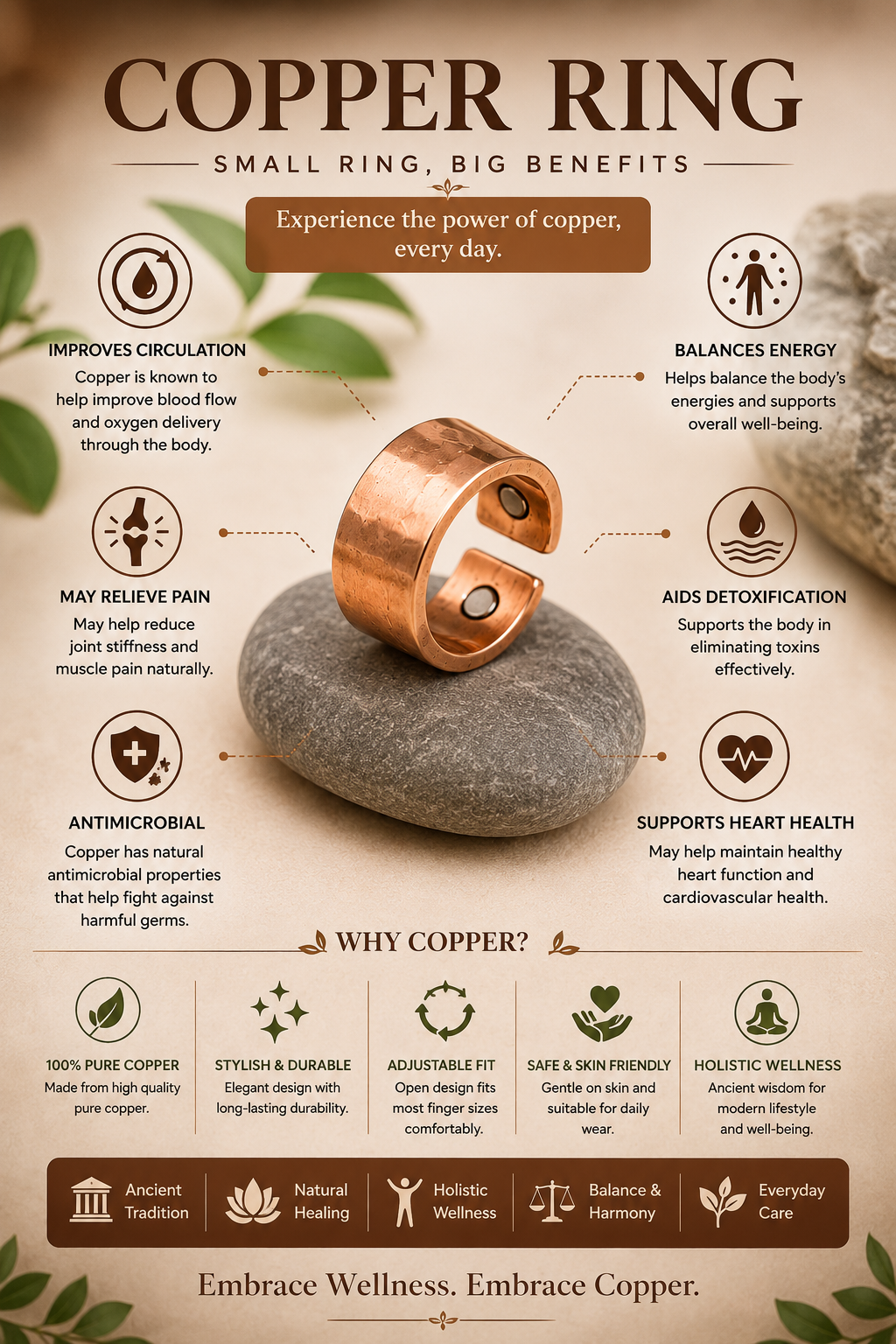 Bamboology Trends Nature Heal Heritage Hammered Adjustable Pure Copper Ring for Men & Women | Ayurvedic Wellness Jewelery