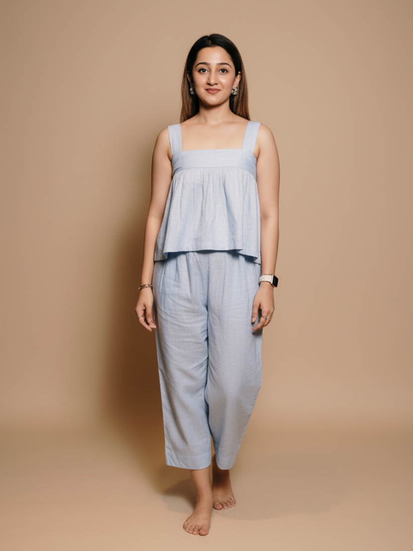 SHORT FLARED LINEN TOP WITH LINEN CULOTTES PANT SET