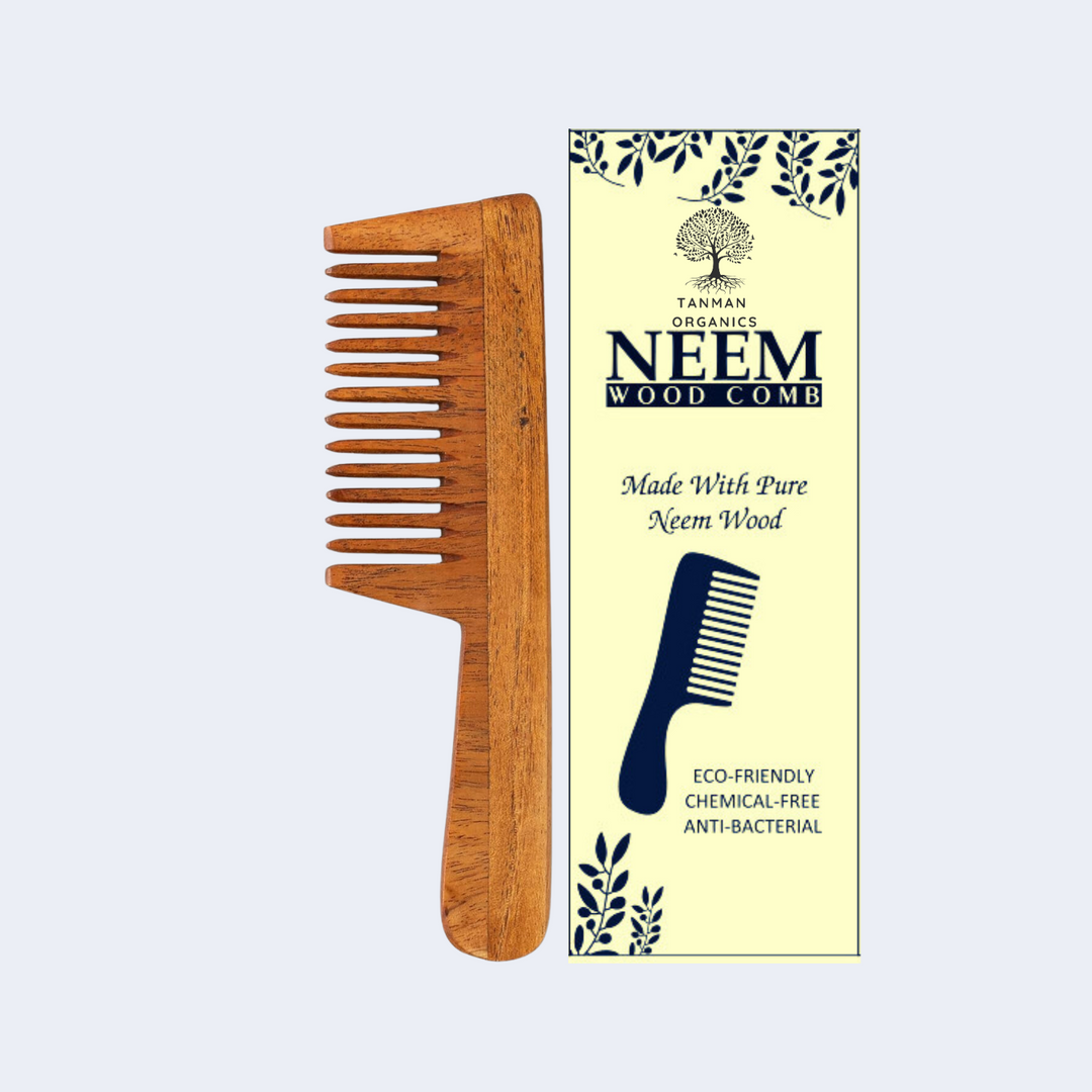 Tanman Organics Pure Kacchi Neem Wood Handle Comb Wide Teeth