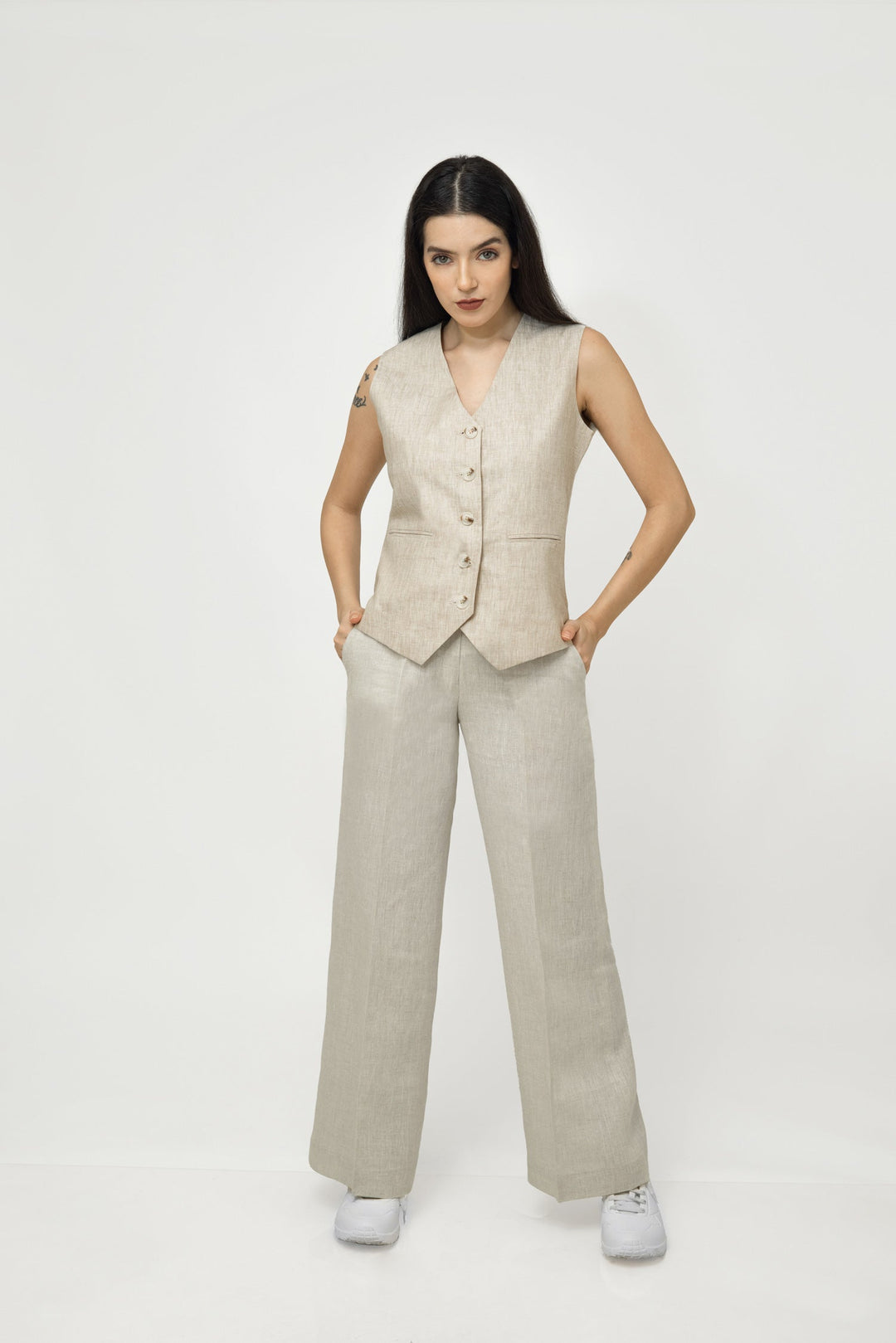 Adam Leaves Dove - Woman linen vest Dove