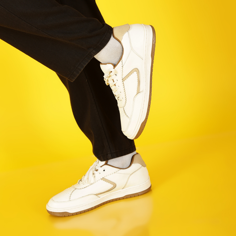 Flaire-Beige Textured Lace-Up Sneakers