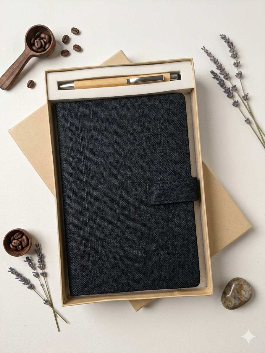 The Label Gaia Eco Journal Hamper: Diary with Button Flap Closure & Pen | Hemp