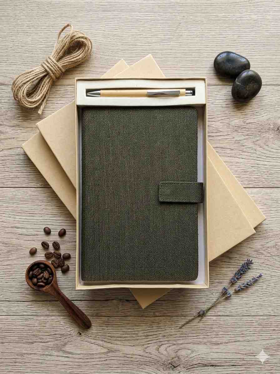The Label Gaia Eco Journal Hamper: Diary with Button Flap Closure & Pen | Hemp