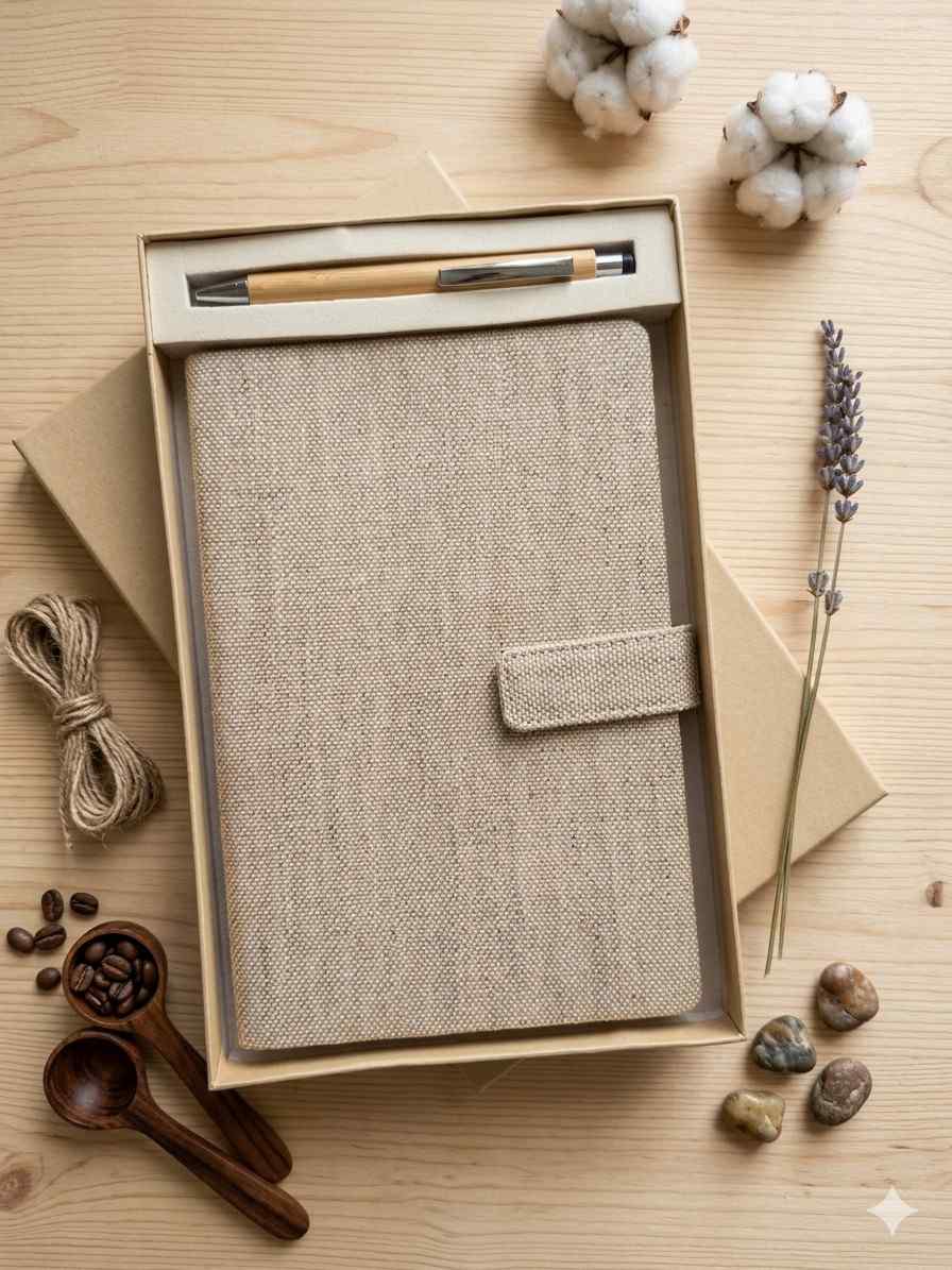 The Label Gaia Eco Journal Hamper: Diary with Button Flap Closure & Pen | Hemp