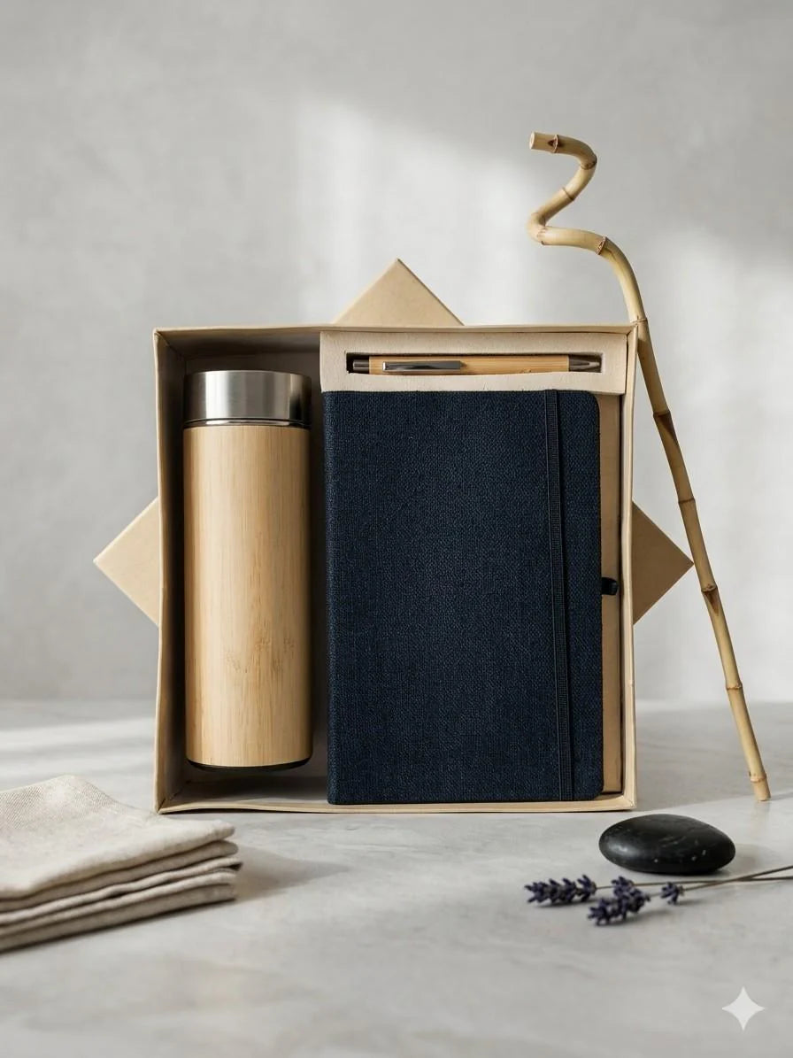 The Label Gaia Gift Set: Elastic loop Diary, Pen & Bottle | Hemp