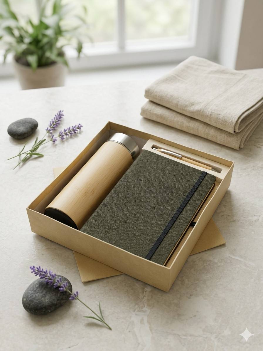 The Label Gaia Gift Set: Elastic loop Diary, Pen & Bottle | Hemp