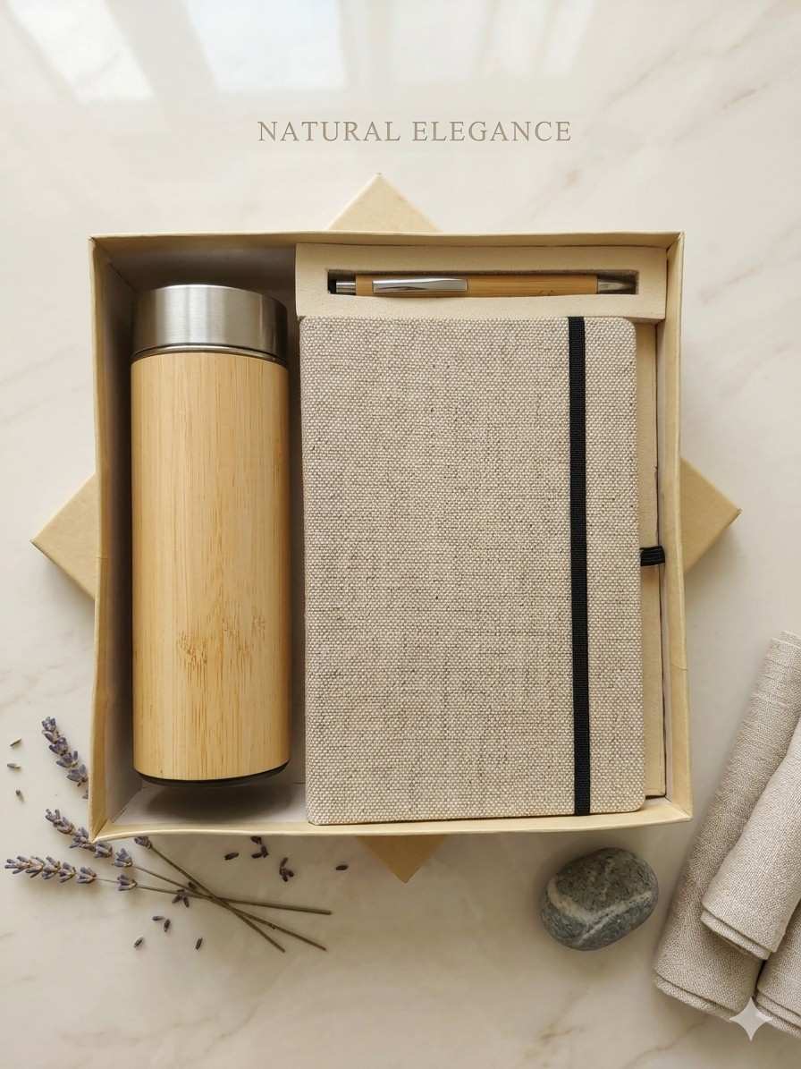 The Label Gaia Gift Set: Elastic loop Diary, Pen & Bottle | Hemp
