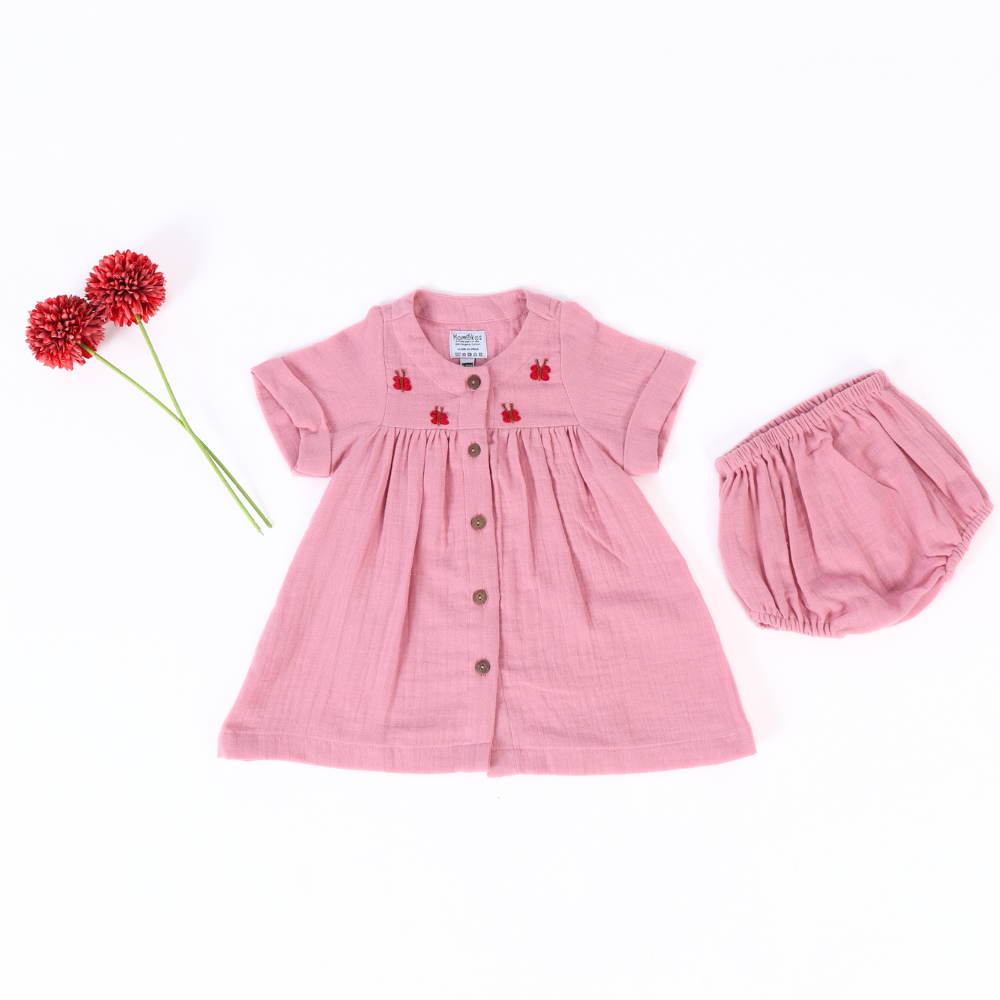 Momokos 100% Organic Cotton Bougainvillea Double Gauze Dress With Bloomer
