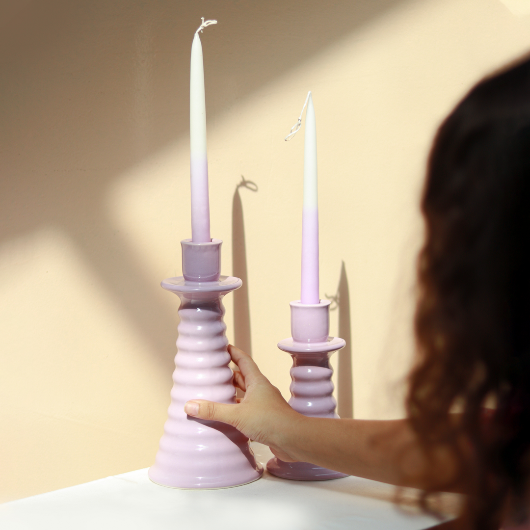 Muun Home Lilac Coil Gift Box - Two Ombre Candles + Two Candle holders (Unpacked)