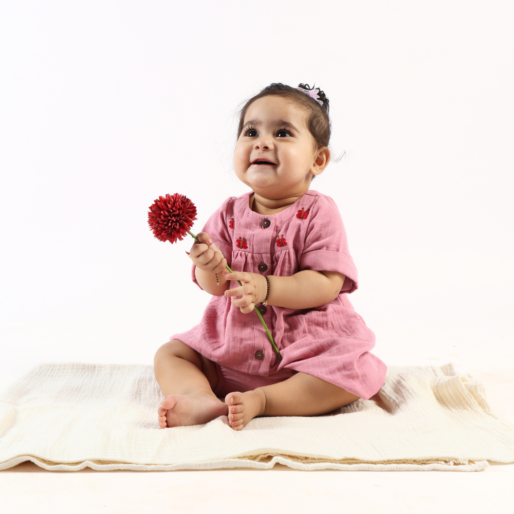 Momokos 100% Organic Cotton Bougainvillea Double Gauze Dress With Bloomer