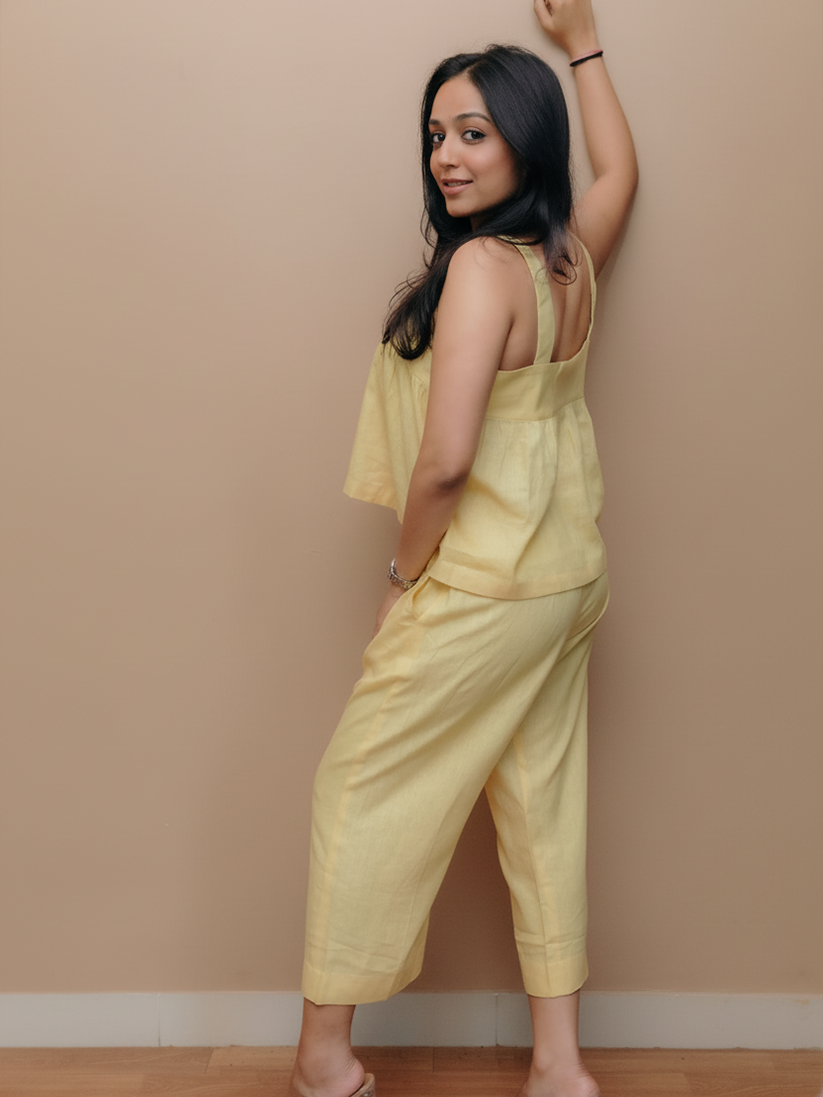 SHORT FLARED LINEN TOP WITH LINEN CULOTTES PANT SET