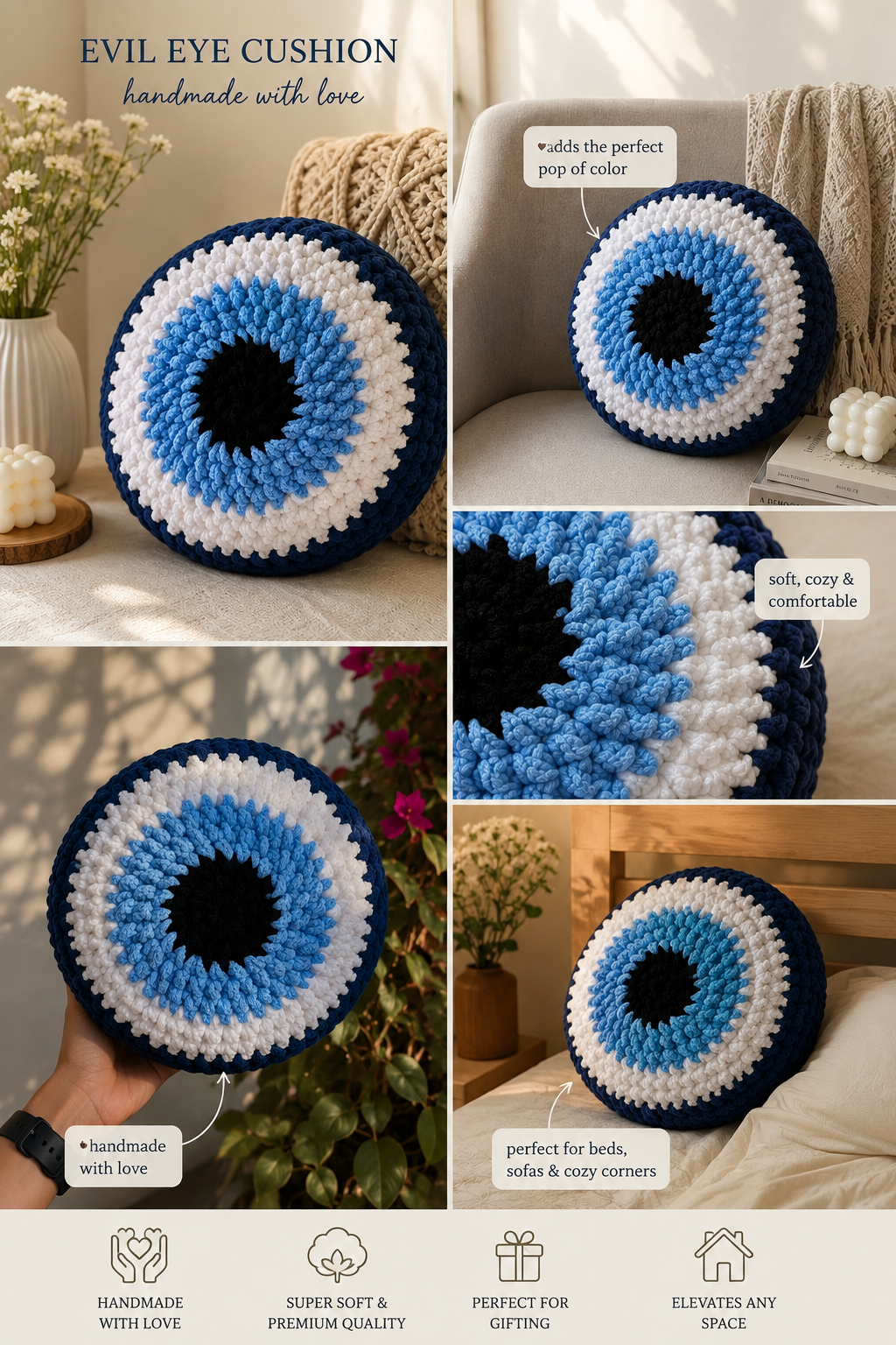 Ishmades Crochet Evil Eye Cushion