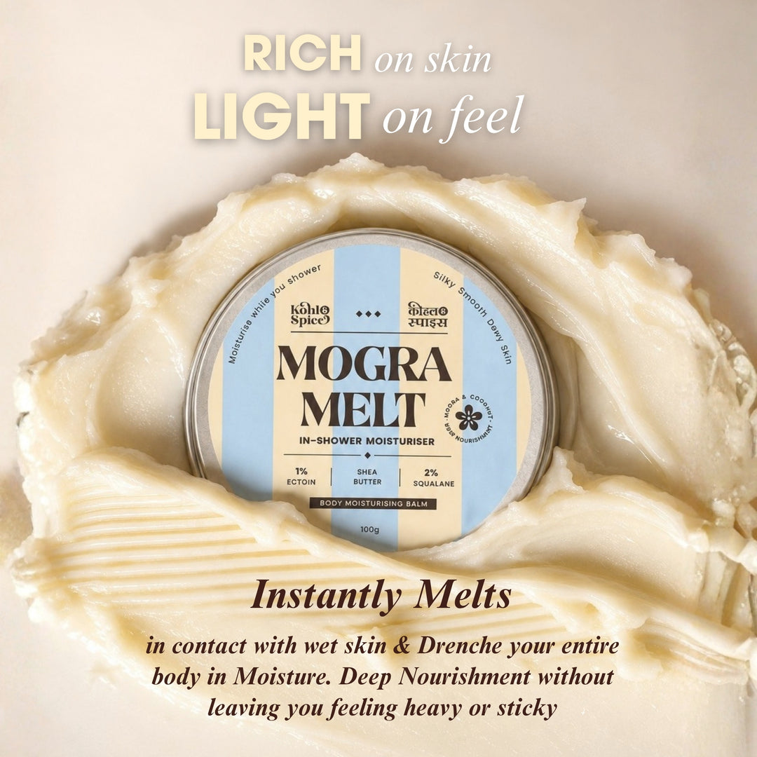 Kohl & Spice Mogra Melt In-Shower Moisturiser | 1% Ectoin, 4% Shea butter, 5% Niacinamide | In Shower Moisturizing balm| | PH Balanced, SLS Free, Paraben Free | For men and women | For Extreme Dry Skin