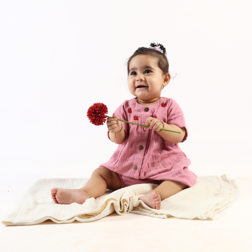 Momokos 100% Organic Cotton Bougainvillea Double Gauze Dress With Bloomer