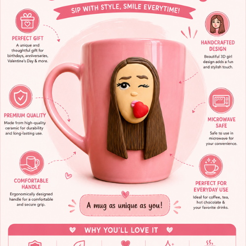 Bisou Rose – 3D Pink Kiss Ceramic Mug
