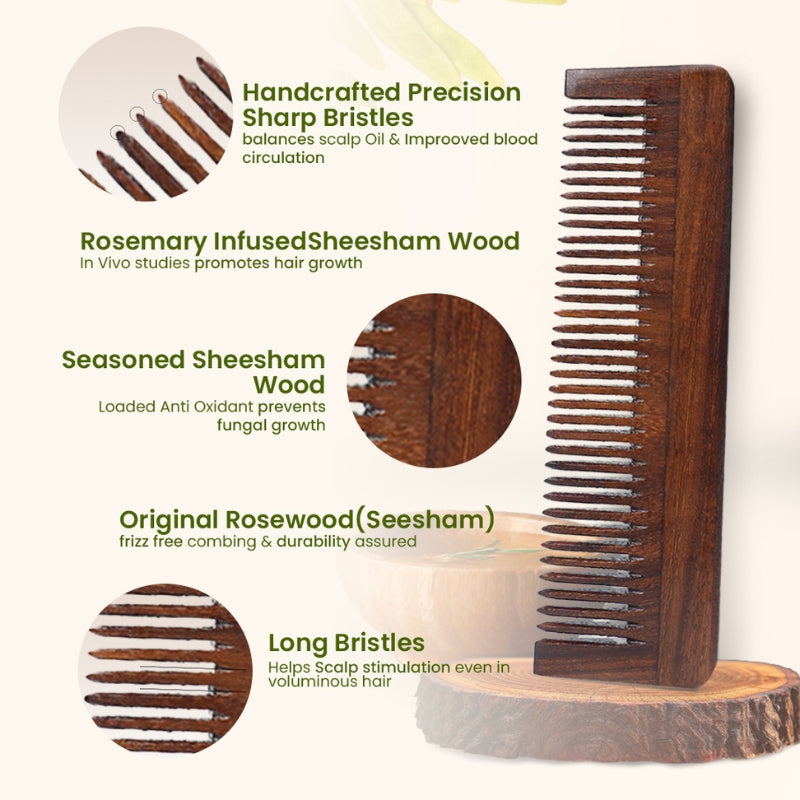Organic B Narrow Single Teeth  RoseWood Comb |Lily Comb| Rosemary Infused