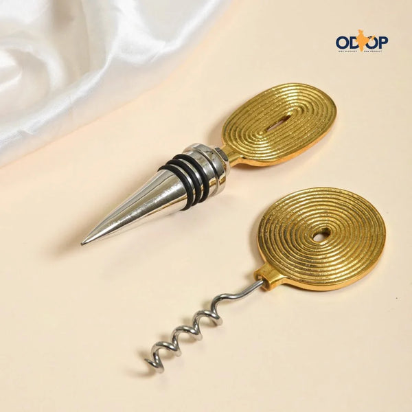 Pravaah Ekaantrik Brass Wine Cork and Opener Set