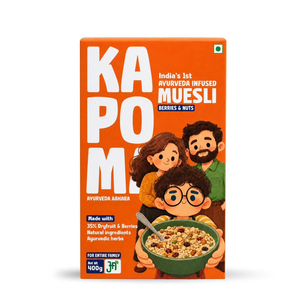 KAPOMA Ayurveda Infused Muesli | Healthy Breakfast Cereal with 35% Dry Fruits, Nuts & Seeds | High Fibre | Farm-Grown Ashwagandha Root, Brahmi & Shankhpushpi | No Refined Sugar | Family Breakfast