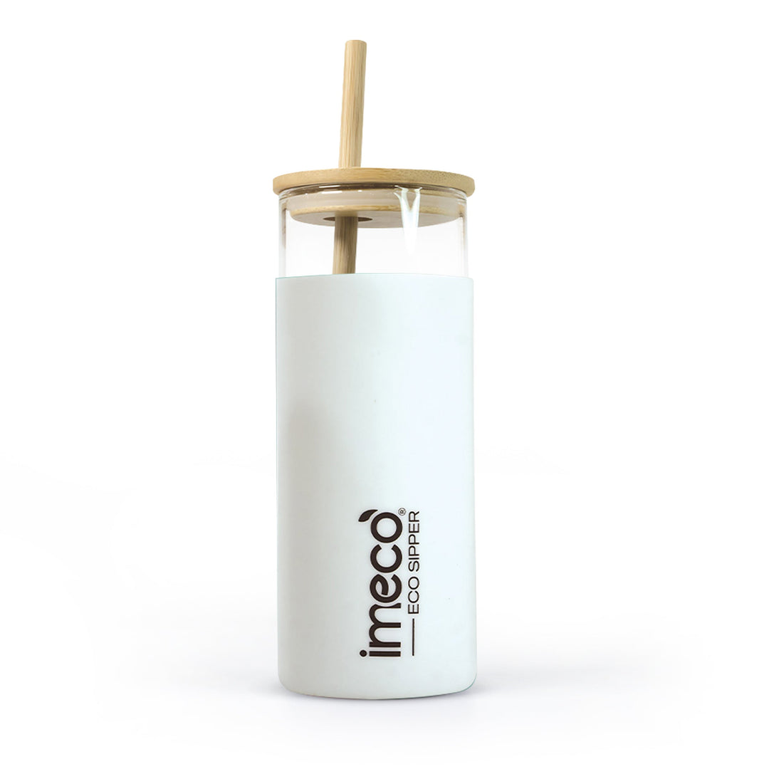 IMECO ECO-SIPPER Glass Sipper Bottle with Stylish Bamboo Lid & Straw - Leak & Sweat Proof 450 ml