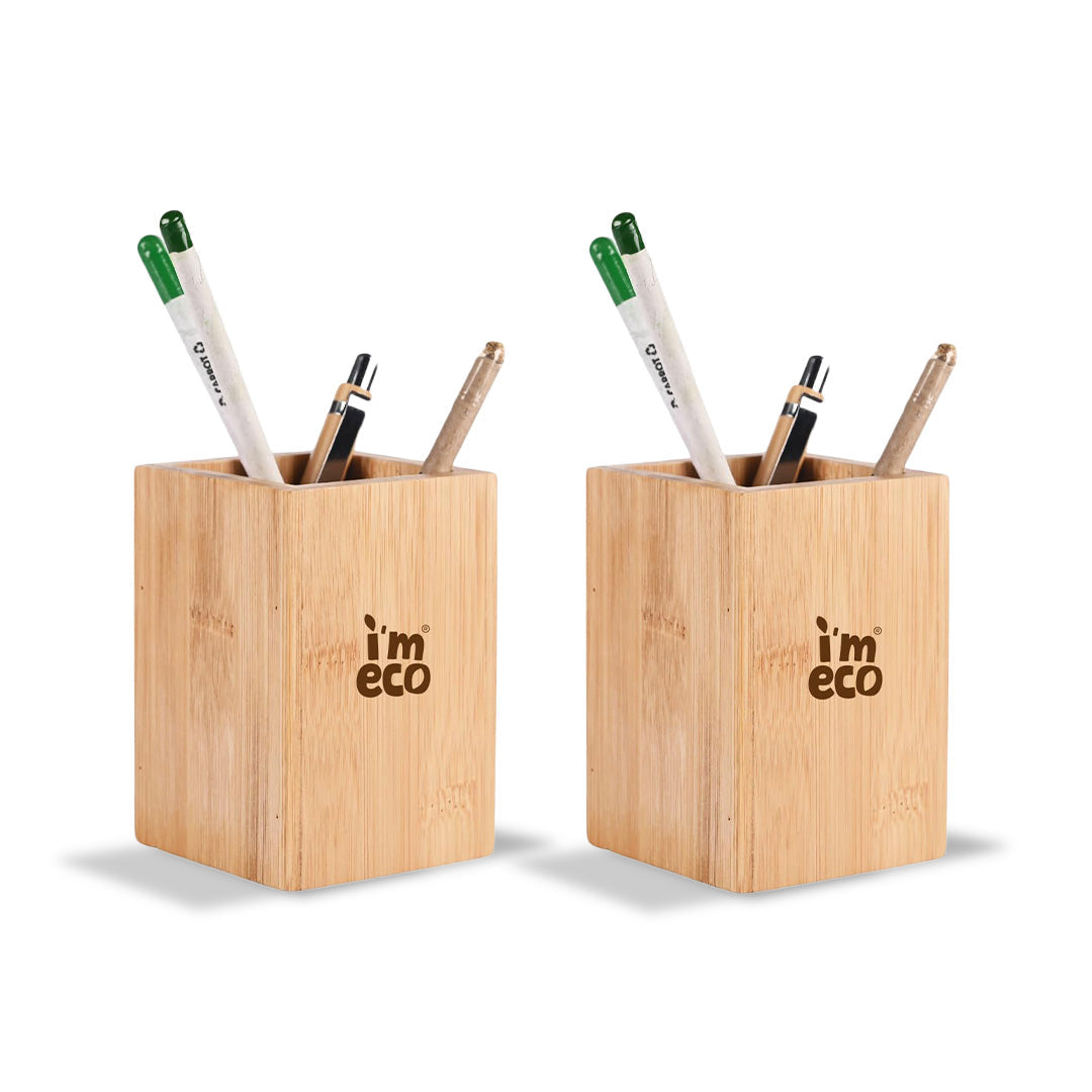 IMECO Bamboo Pen Stand | Wooden Stationery Desk Organizer | Ideal for Home & Office Table | Multipurpose Use