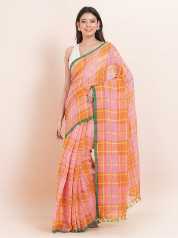 OCAU Citrus Dream - Pure Linen Checkered Saree With Blouse Piece  l Tangerine