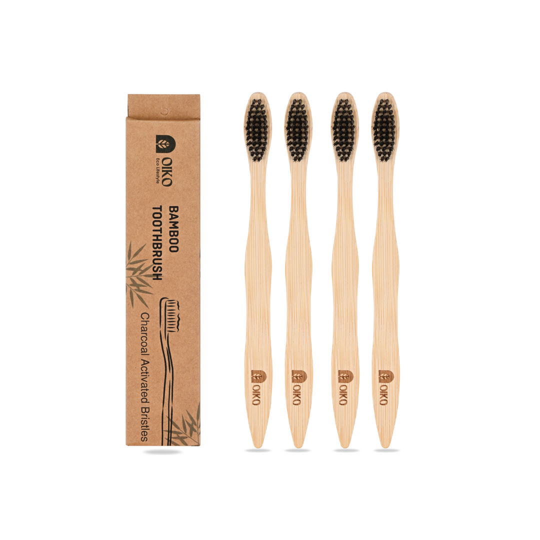 OIKO Bamboo Toothbrush with charcoal Bristles Adults pack of 4