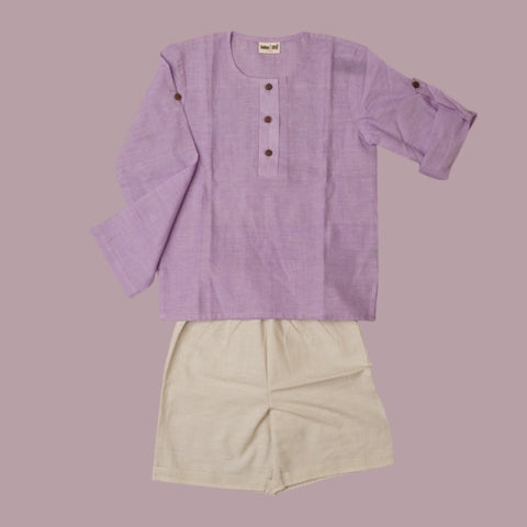 Earthy Wanderer' - 100% Handspun Khadi Boys' Set with Full Sleeve Button-down Shirt and Shorts