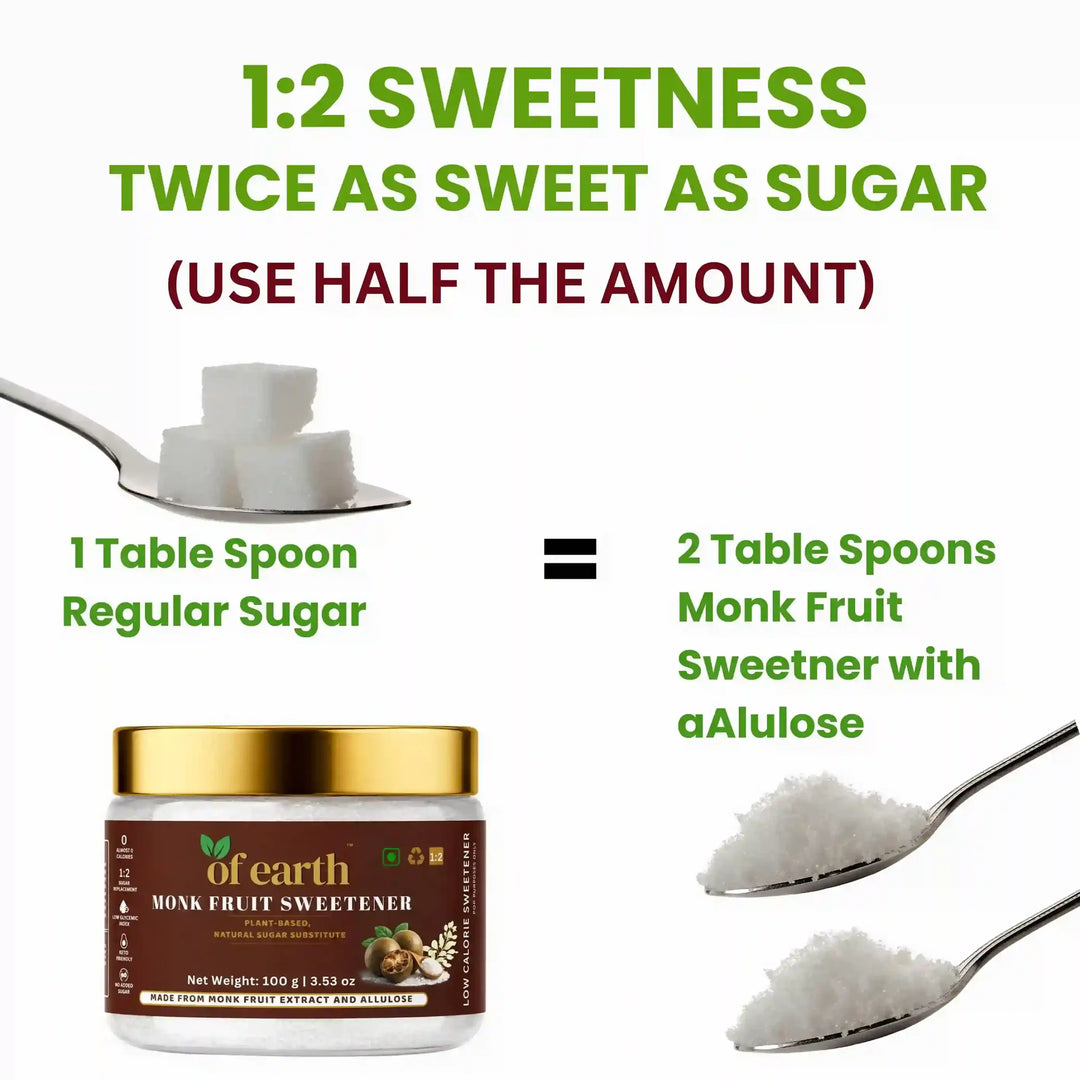 Of Earth Monk Fruit Sweetener With Allulose | Zero-Glycemic Index, Low Calorie Sugar Substitute | EASY 1:2 Sugar Replacement for Tea, Coffee, Cooking & Baking | Plant-Based | Keto, Vegan & Diabetic Friendly | 100g