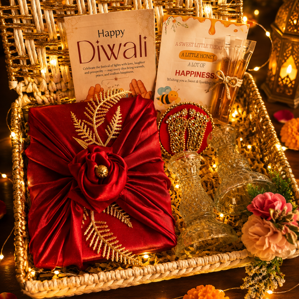 Artecasa Shubh Aarambh Golden & White Festive Gift Basket | German Silver Shubh Labh & Candle
