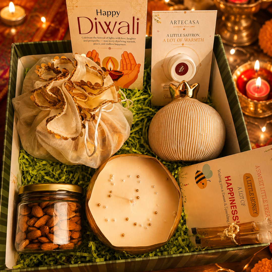 Emerald Festive Harvest Gift Box | Premium Diwali Hamper with Pomegranate, Dry Fruits & Urli Candle