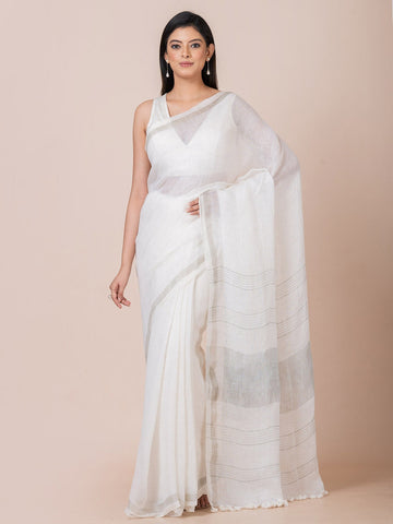OCAU Ivory Breeze - Pure Linen Solid Saree With Zari Border Without Blouse Piece II White