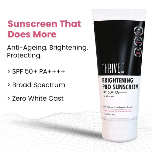 ThriveCo Brightening Pro Sunscreen For Women | SPF 50+ Pa++++ | Non-sticky & Anti-Ageing | Boosts Collagen, Fades Dark Spots & Wrinkles | 50ml