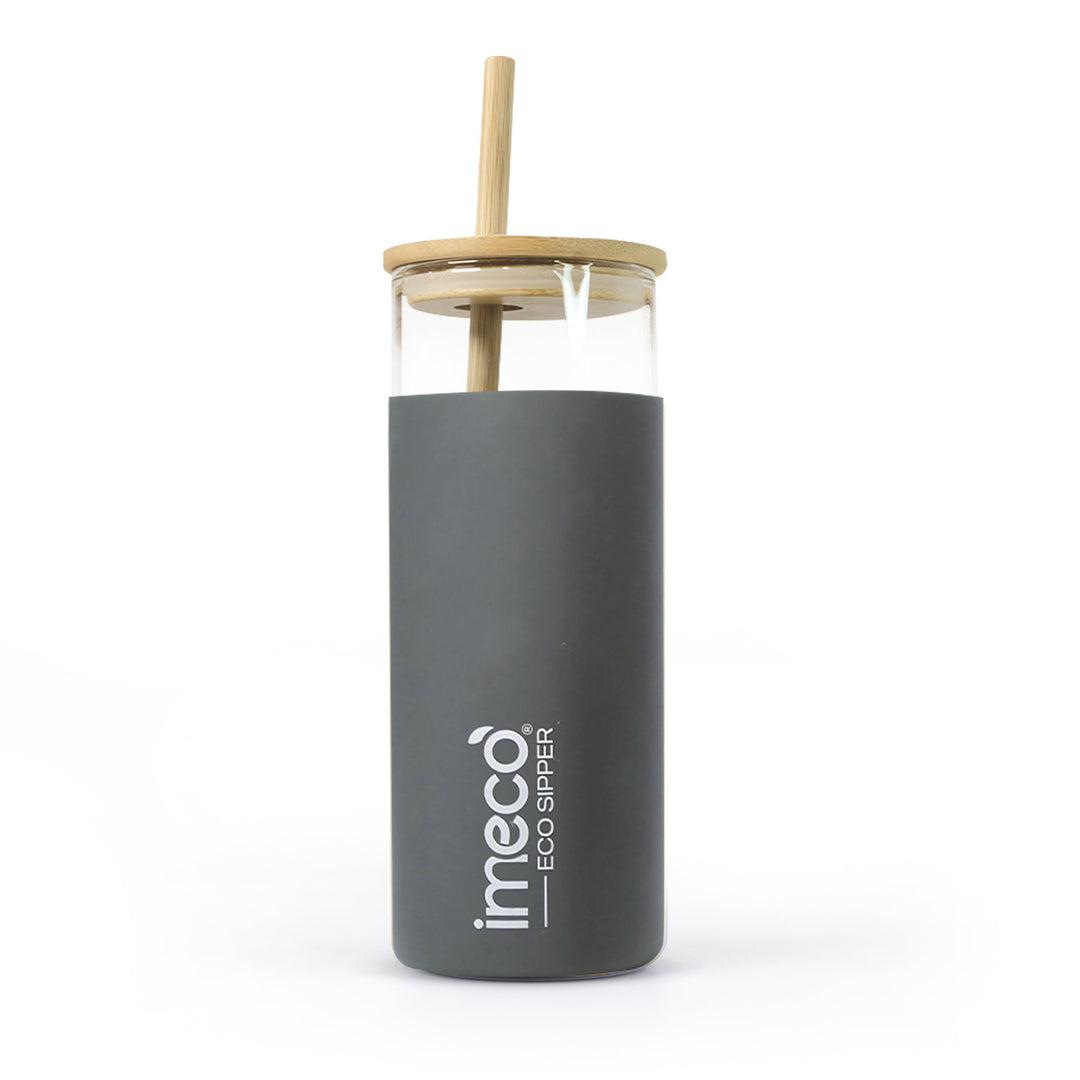 IMECO ECO-SIPPER Glass Sipper Bottle with Stylish Bamboo Lid & Straw - Leak & Sweat Proof 450 ml