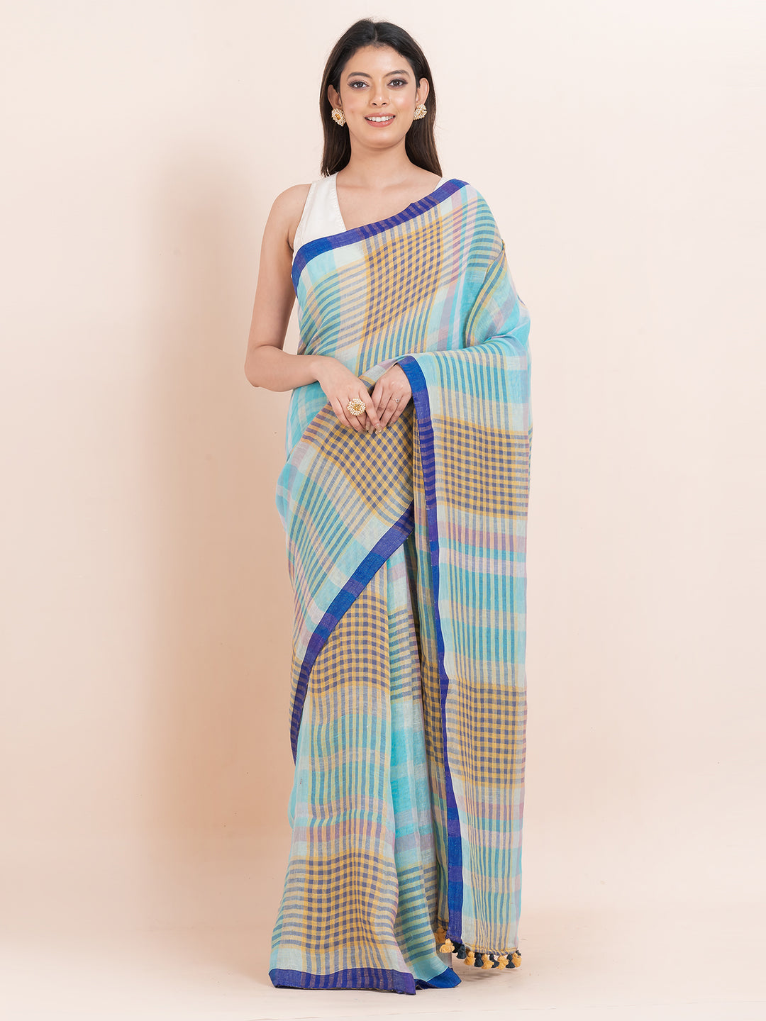 OCAU Cerulean Bliss - Pure Linen Striped Saree With  Blouse Piece  l Navy