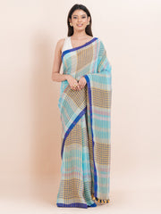 OCAU Cerulean Bliss - Pure Linen Striped Saree With  Blouse Piece  l Navy