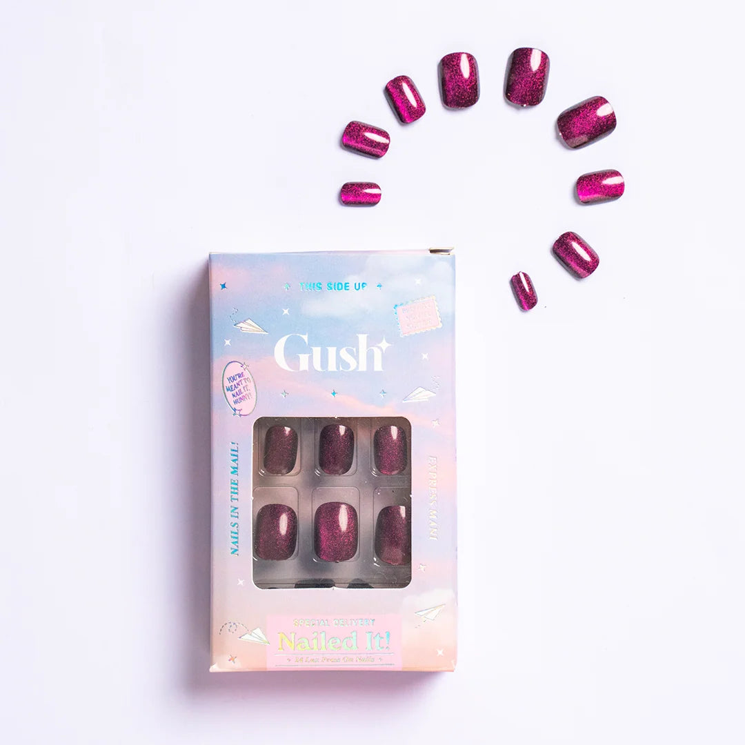 Gush Beauty Ruby, Cat Eye with Nail Glue + Nail Glue Sticker | Short, Squoval Press-On Nails