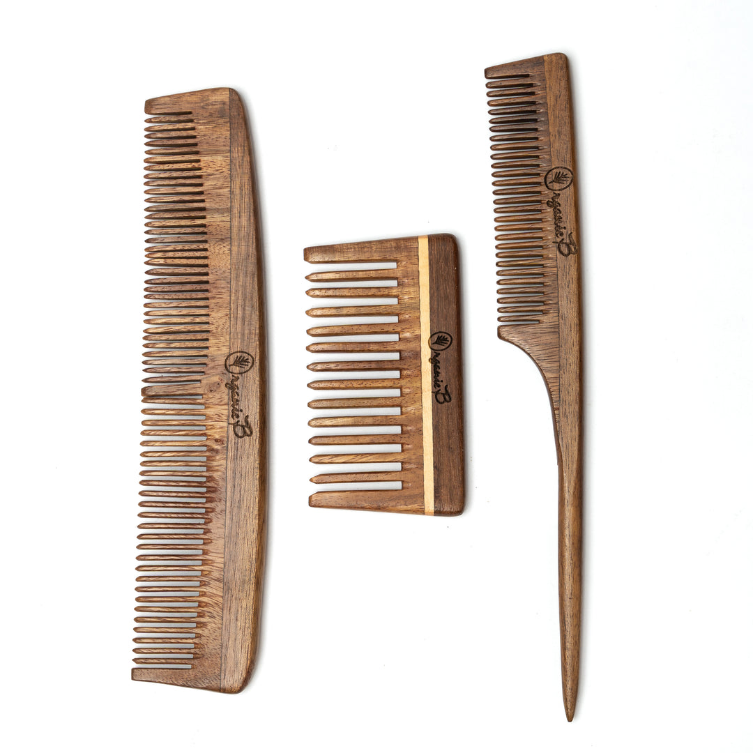 Organic B Indian Rosewood Comb Set |3 Pcs |Dual + Tail + Wide Teeth