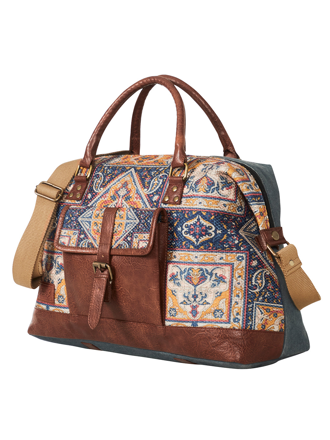 Mona B Large Kilim Inspired Duffel Gym Travel and Sports Bag with Outside Pocket and Stylish Design for Women: Chocolate