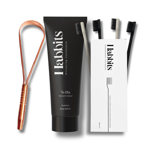 Habbits Natural Oral Care Bundle | Charcoal Toothpaste 100g + 4 Biodegradable Toothbrushes + Copper Tongue Cleaner | Tea Tree + Activated Charcoal | Fights Plaque & Bad Breath | Natural, Vegan, Enamel-Safe Toothpaste