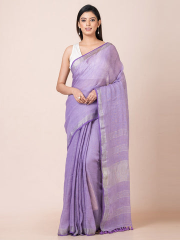 OCAU Blue Oasis - Pure Linen Solid Saree With Zari Border Without Blouse Piece II Dusty Blue