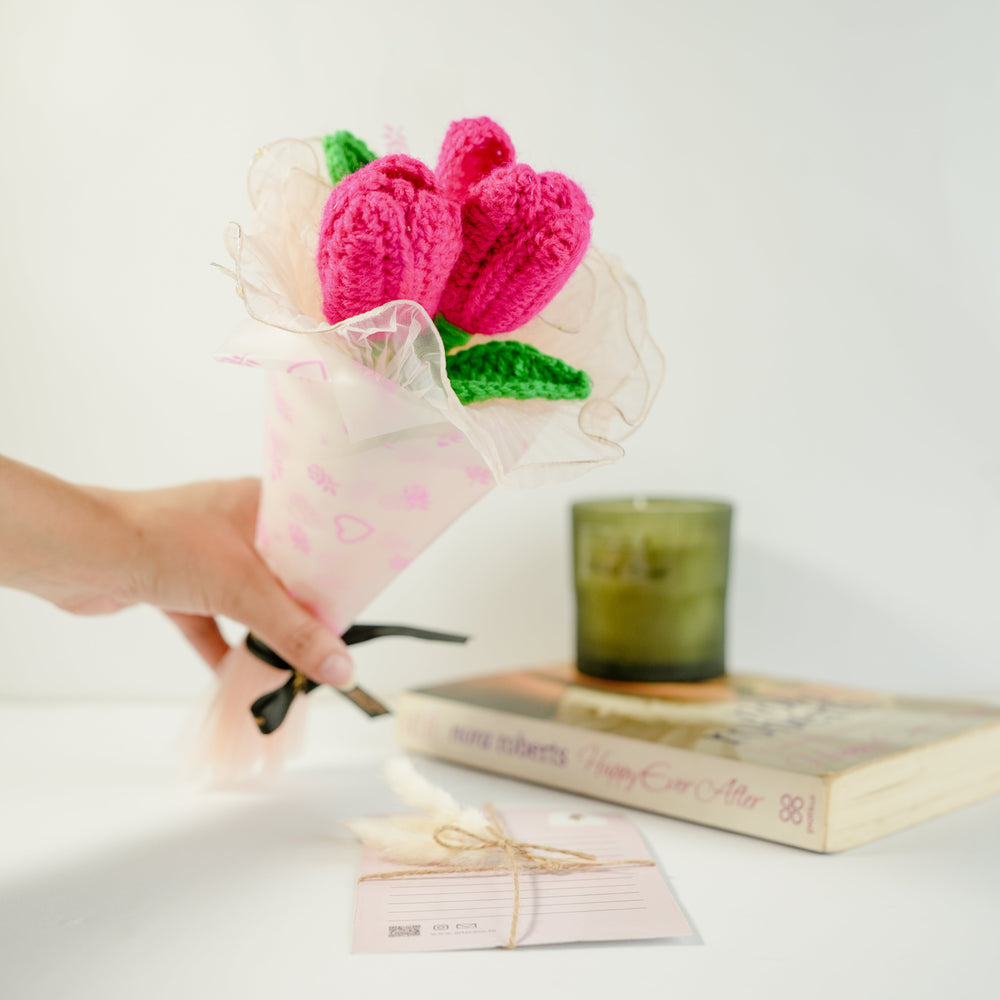 Stitched n Blossom Bunch – Dark Pink Crochet Tulip Flower Bouquet