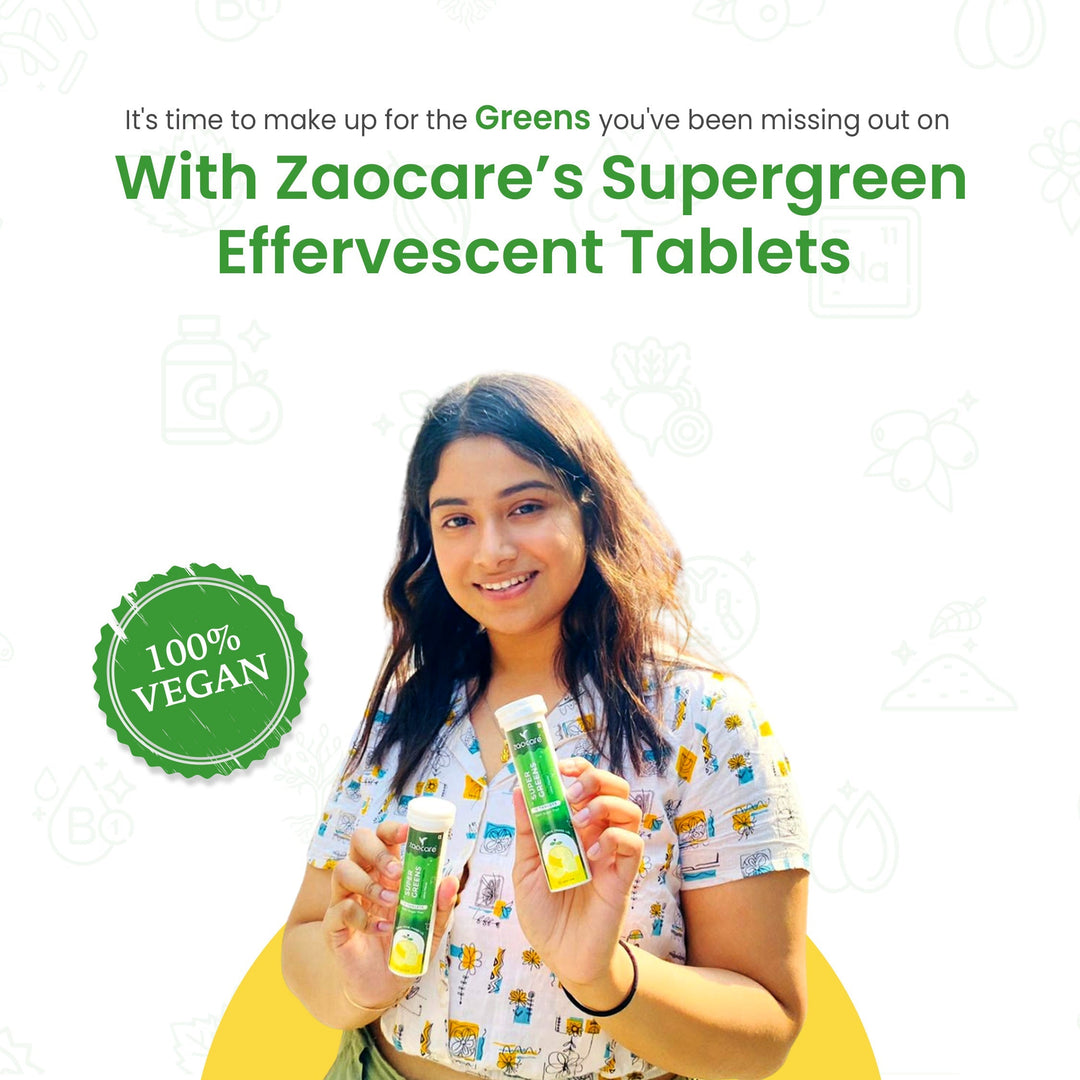 Zaocare Supergreen Effervescent Tablets For Tummy Fat Burn & Gut Detox | 100% Vegan