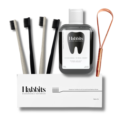 Habbits Natural Oral Care Bundle | Mouthwash + Copper Tongue Cleaner + 4 Biodegradable Wheatstraw Toothbrushes | Vitamin Enriched & Fluoride Free | SLS Free & FDA Certified | Pack of 3