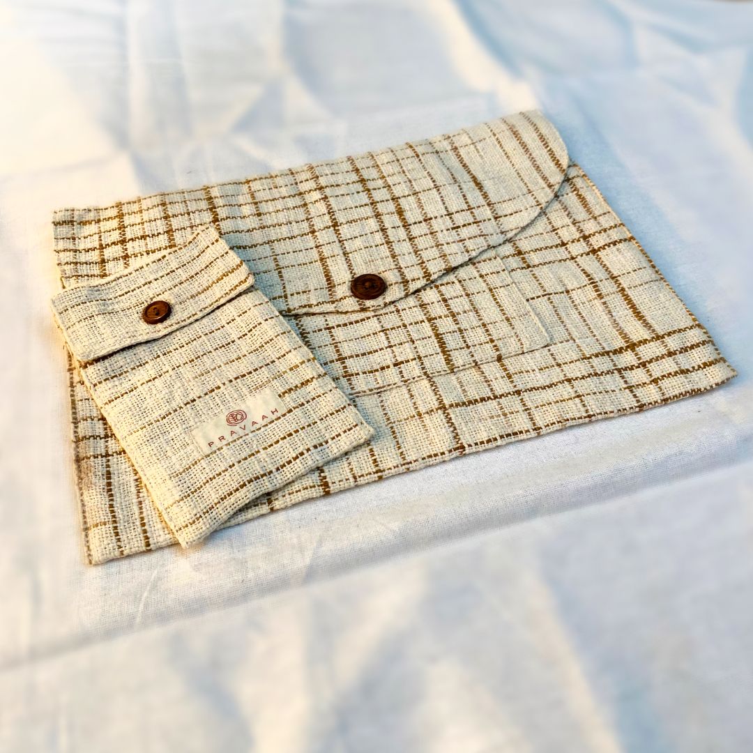 Pravaah Pai laptop sleeve | hemp cotton blend | washable | fits 11”-13” screen laptops | beige and brown